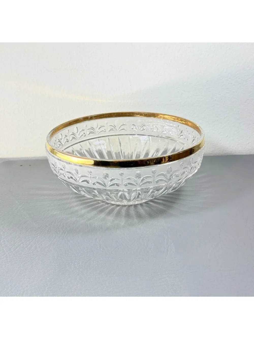 French Neoclassical Cut Crystal Bowl with Gold Rim Centerpiece Decor